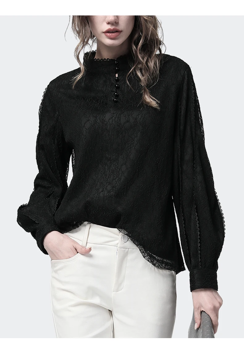 Однотонные кружевные рубашки для женщин размера плюс офисные женские зимние топы с длинным рукавом теплая блузка с воротником-стойкой черная плотная женская одежда