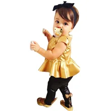 

Summer Children Kids Clothing Sets Baby Girl Clothes Suits 2 Pcs Short Sleeve Golden Top + Leggings Pants 67