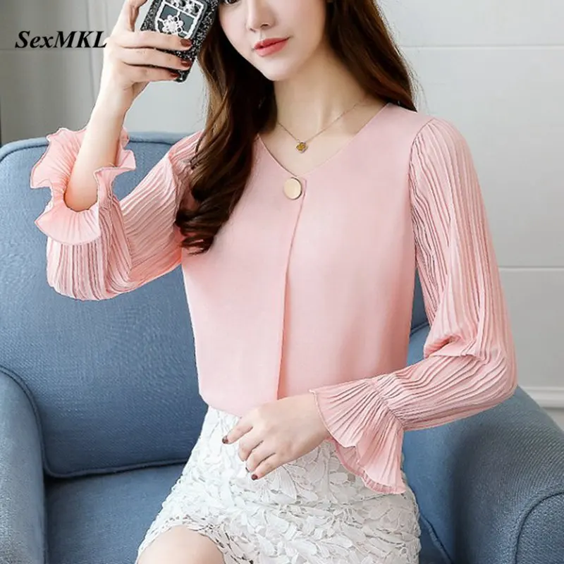 

SEXMKL Womens Chiffon Tops and Blouses 2019 Spring Autumn Long Sleeve Blouse Blue Ladies Office Work Shirt Camisa Blusa Feminina