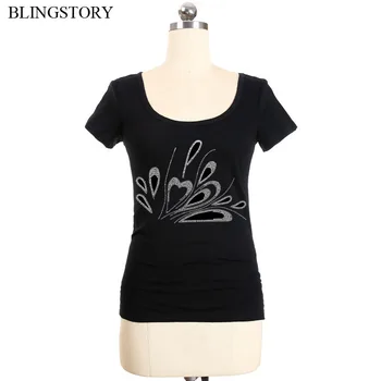

BLINGSTORY Summer O-neck Cotton Bead Female Short Sleeve Diamond Big Size Woman Tshirt Top