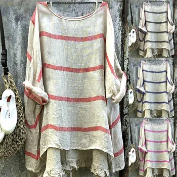 

Women Plus Size Summer Casual and Loose Solid Ultrathin O-Neck Tunic Holiday Ladies Cotton Linen Long Sleeve T-shirts Tops