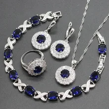 925 серебряные ювелирные наборы для женщин темно-синее полудрагоценное ожерелье кулон браслет кольцо Висячие Серьги