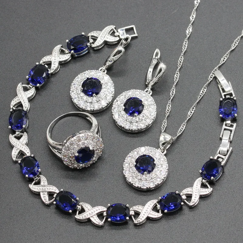 

925 Silver Jewelry Sets For Women Dark Blue Semi-precious Necklace Pendant Bracelet Ring Dangle Earrings