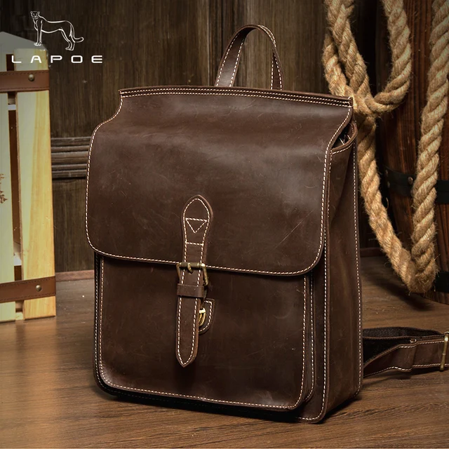Lapoe Men Women School Bags Handmade Genuine Leathe Backpacks Lapoe Men Women School Bags Handmade Genuine Leathe Backpacks Versatile Business Knapsack Vintage Book Bag Packsack