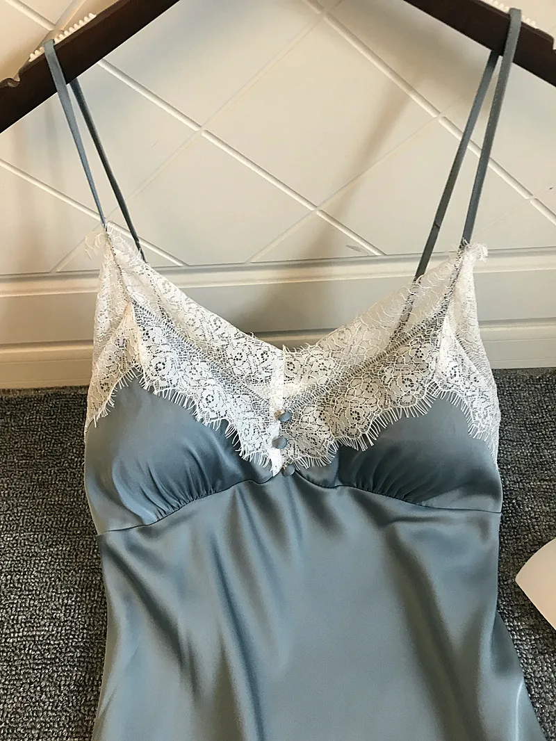 Women's Sleepwear Silk Satin Nightgowns Summer Sexy Lace Sleepshirt Night Dress Night Gown With Chest Pads Nightwear Lingerie 21