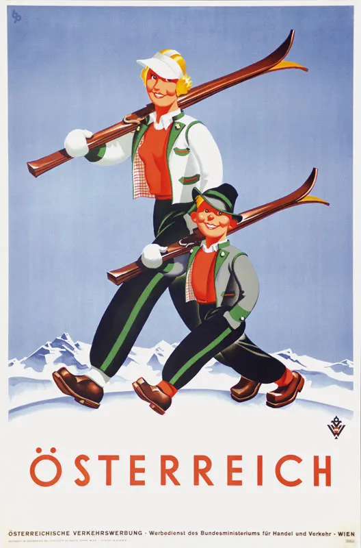 Австрия Туризм Путешествия постеры Osterreich семья катания на лыжах 1940 классические