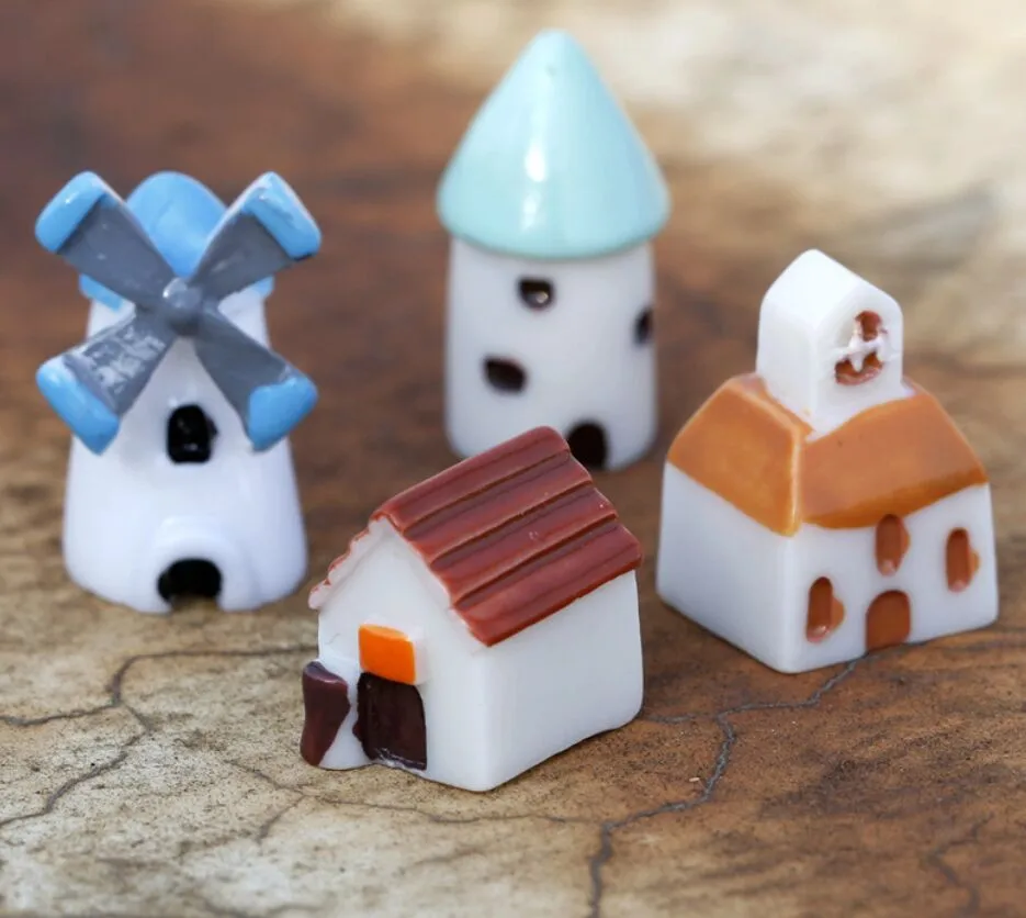 FS5 4 Pcs Mini Resin Castle Church Windmill Barn Cabin House Craft Cottage Landscape Decoration sep12 | Дом и сад