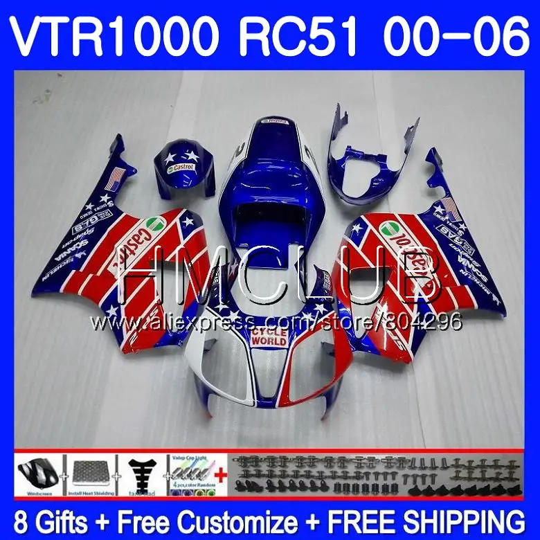 Синий красный обтекатель для HONDA VTR1000 2000 2001 2002 2003 2004 2005 2006 80HM. 5 RTV1000 VTR 1000 RC51 SP1 SP2 01 02 03