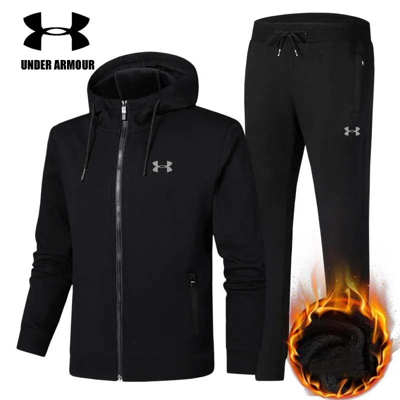 

Under Armour Men Gym Clothing Men winter velvet Sports suits 2 pieces jacket+pants survetement homme male running set Asian size
