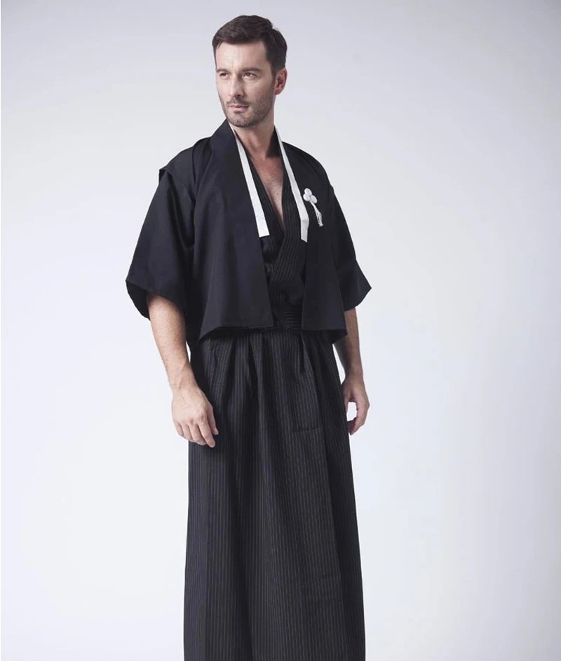 Black Classic Japanese Samurai Clothing Men's Warrior Kimono With Obi Traditional Yukata Haori Halloween Costume One Size B-067