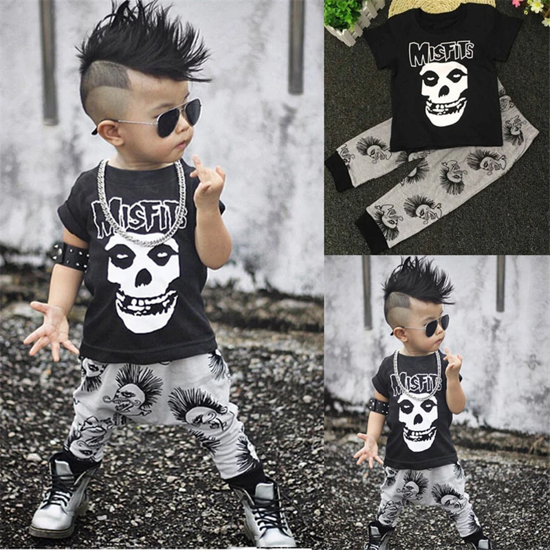 2pcs Cotton Kids Baby Boys Clothing Sets Outfit Long Sleeve Skull Tops
