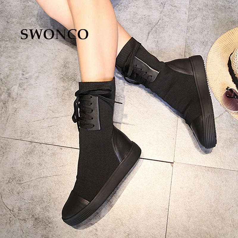 SWONCO/женские ботинки; коллекция года; сезон осень-зима; женские ботинки из натуральной кожи и шерсти; женские ботинки; зимние ботинки до середины икры; женская обувь - Цвет: Black Winter