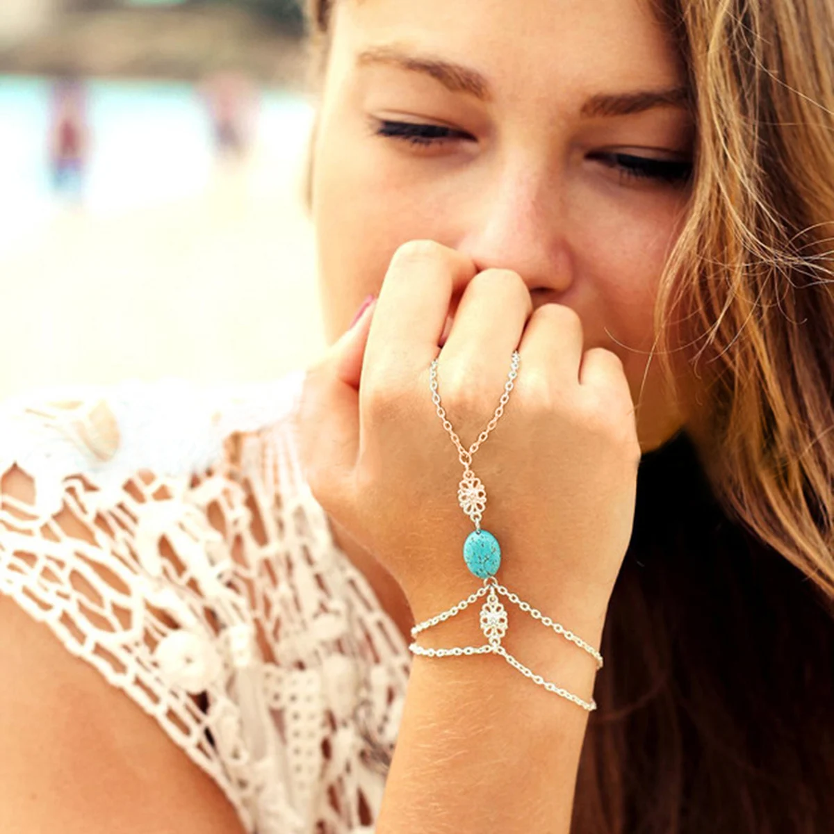 Fashion Chain Bracelet Drop Punk Silver Plated Women Metal Hand Harness Chain Turquoise Beads Slave Finger Ring Boho Jewelry