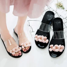 Women’s Jelly Shoes Beach Hot Sandals Slippers Flip Flops Flat Plastic Flowers Band Casual Bohemian Shoes 7N0258