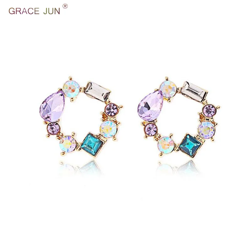 

GRACE JUN Colorful Rhinestone Crystal Hollow-out Wreath Clip on Earrings and Pierced Earrings for Women Charm Jewelry Bijouterie