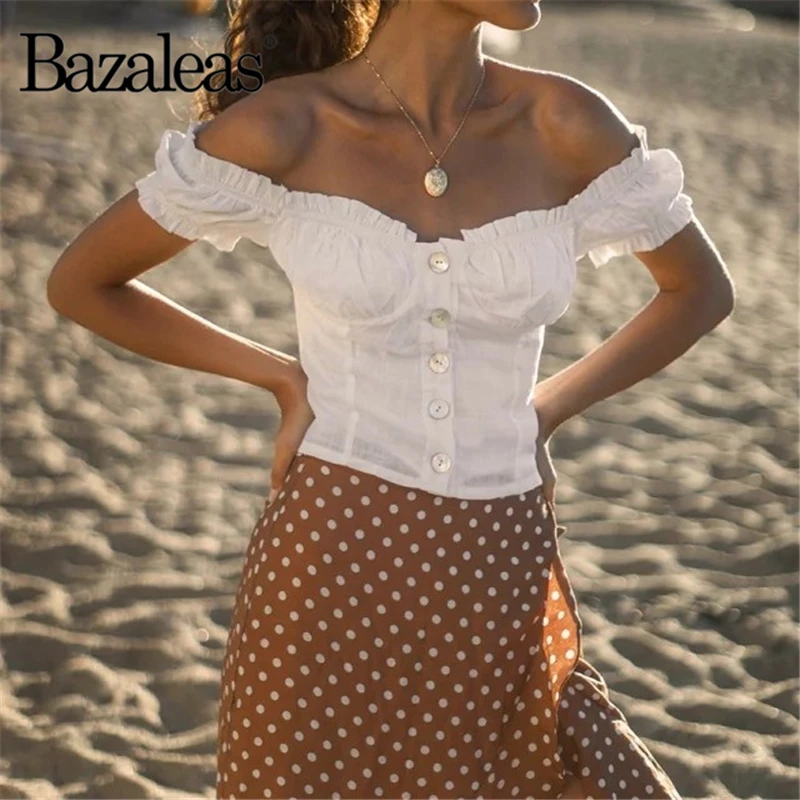 

Vintage Ruffles Slim off shoulder harajuku T-shirt Casual women Tee white Center Buttons Women T Shirt