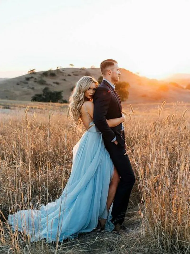 Романтические свадебные платья с v-образным вырезом с разрезом, шифоновое платье небесно-голубого цвета, Деревенское летнее свадебное пляжное платье