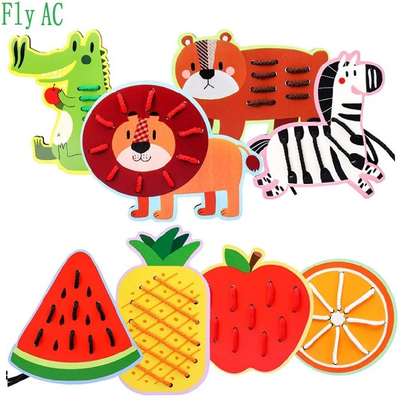 Обучающие деревянные игрушки Монтессори, Мультяшные животные, фруктовое дерево, фруктовые бусины, обучающая игрушка для детей, подарок на день рождения