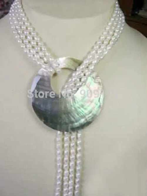 

6-7MM White Akoya Cultured Pearl Necklace Shell Pendant 50''