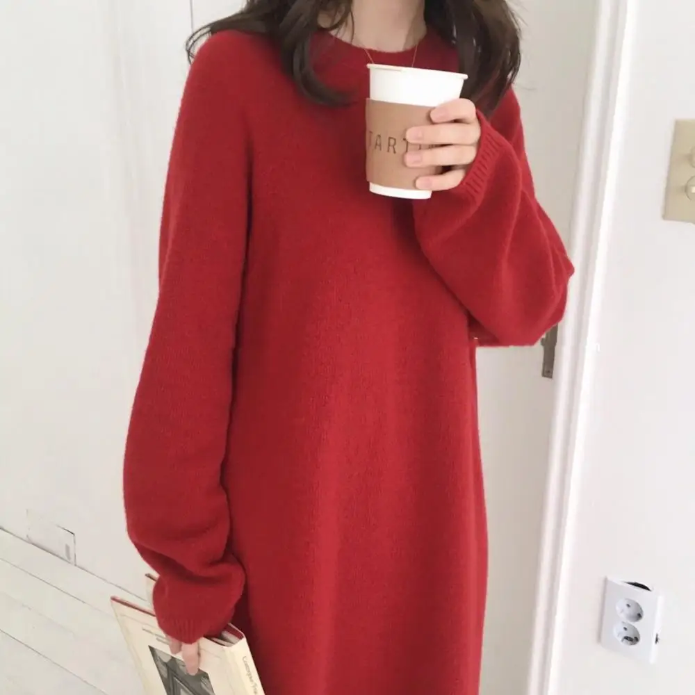 Женское зимнее длинное платье-свитер с длинным рукавом, Женский пуловер, прямая трикотажная однотонная Корейская одежда размера плюс, женская одежда - Цвет: Красный