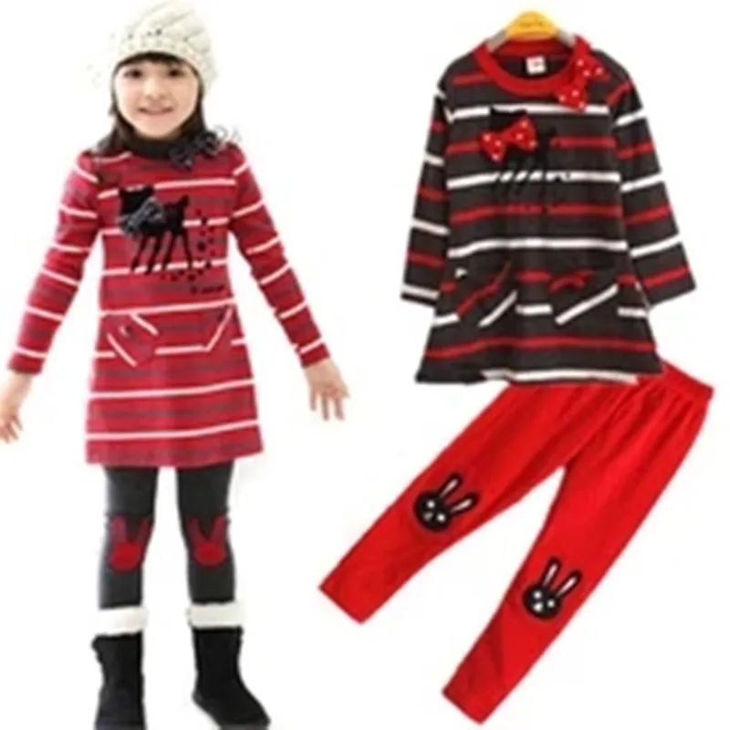 

2015 Children's Clothes Little Fawn Stripe Dress Deer Girl's Suit 2pcs Long sleeve Dress+Leggings Baby Girl's Set