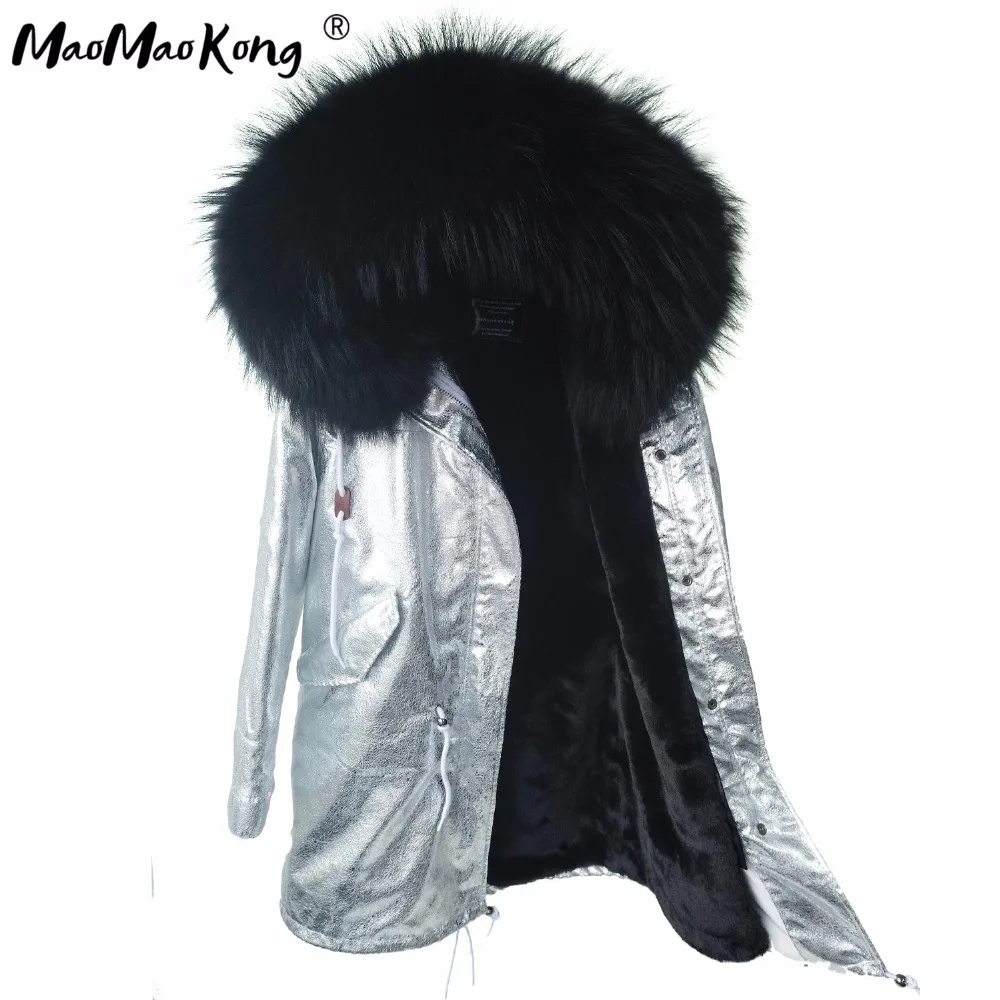 Новинка 2019 женская зимняя куртка MAO KONG с воротником из натурального меха енота