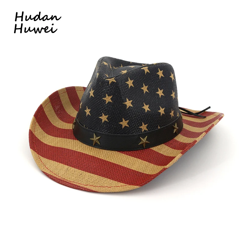 Summer Retro American Flag Cowboy Hat for Men Women Paper Straw Weave
