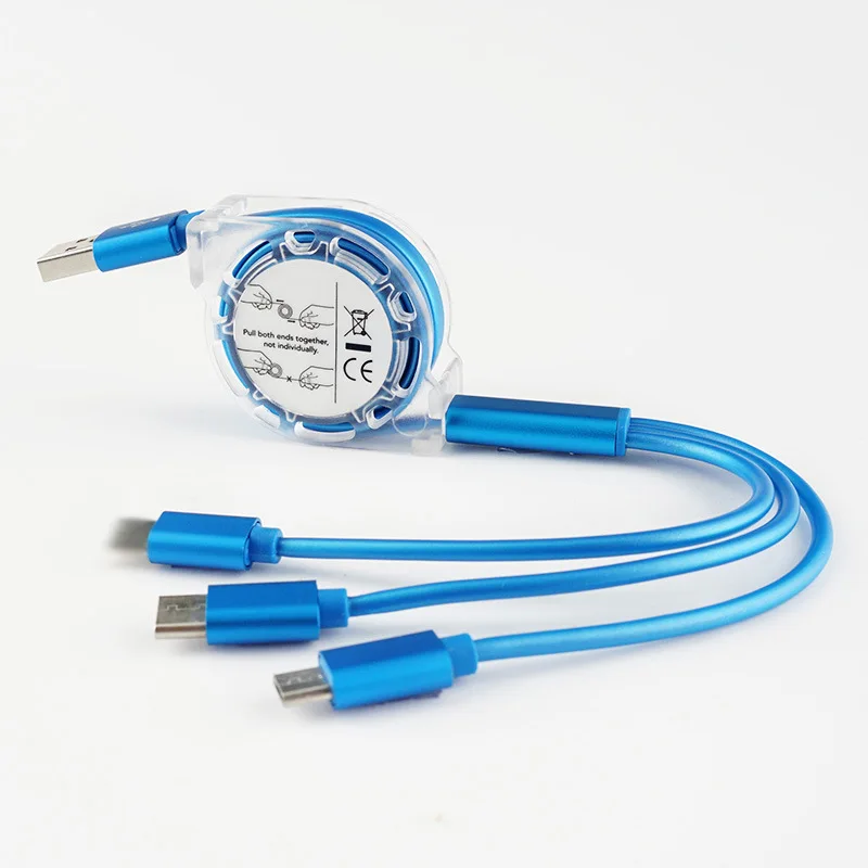 

Retractable 3 in 1 Fast Charging Data Cable TPE Charge Wire Micro USB Type-C 8 PIN Port 2.1A Mobile Phone Charger Flat Line Cord