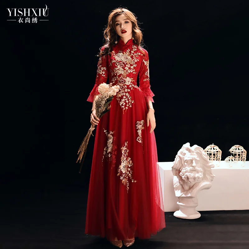Красный кружевной Чонсам невесты вышивка Qipao платья ретро Qi Pao китайское традиционное платье халат китайский Восточный Стиль длинное платье - Цвет: wine red