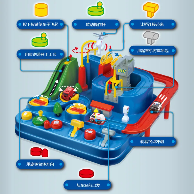 Baratos Coche Manual de pista de aventura juguetes para niños vehículos educativos de rescate juguetes de aventura aparcamiento simulación regalo para niño