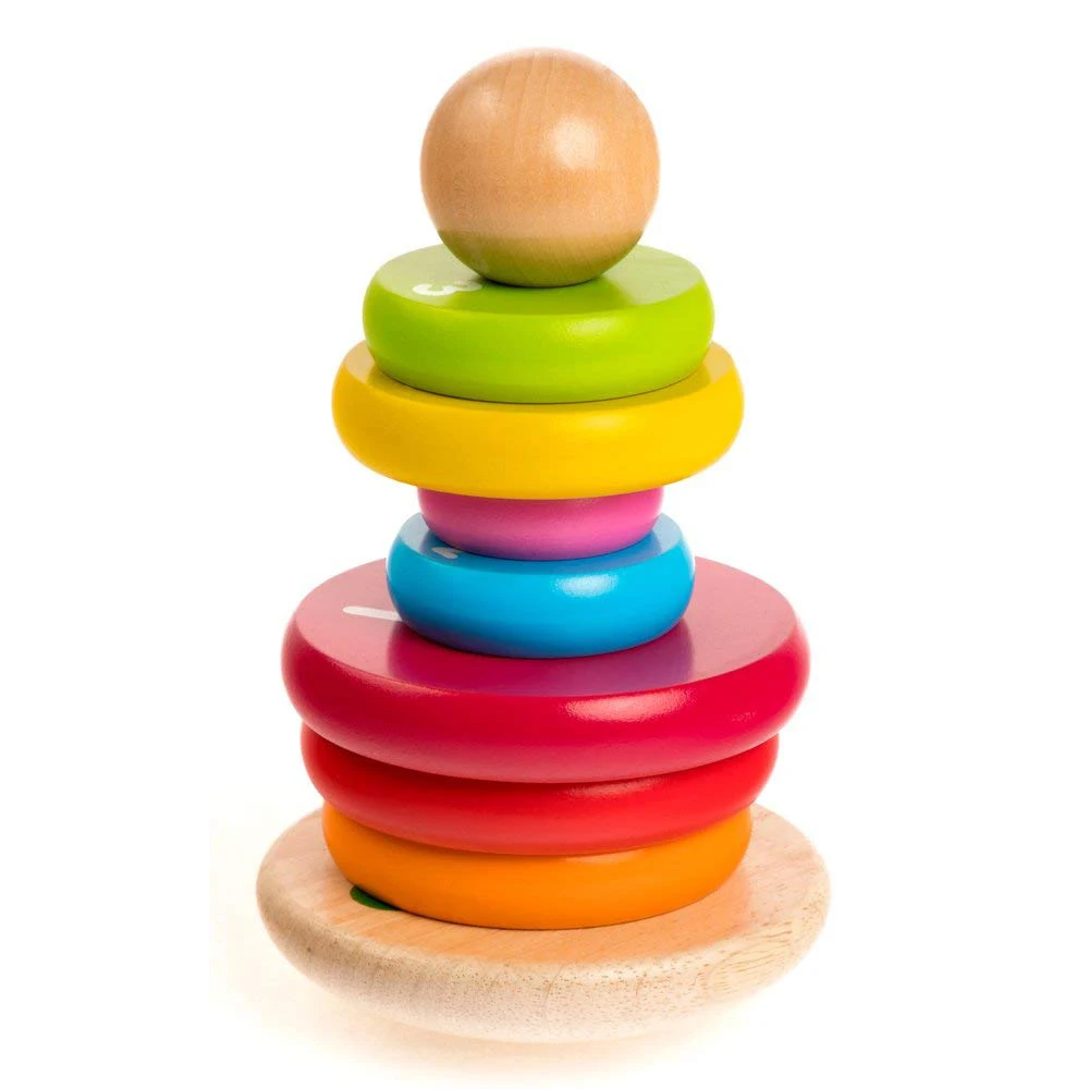 8 inch 8 Colors Wooden Ring Stacker Toy for Babies Rainbow Tower Wooden