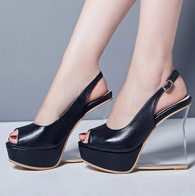 

Womens Leather Clear Wedge High Heel Open Toe Slingback Shoes Pumps Sandals Chic Buckle E63