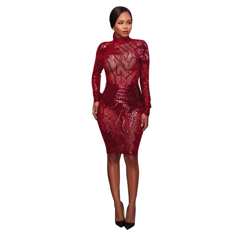 

Women Sexy See Through Night Party Club Long Sleeve Autumn High Quality Unique Vintage Sequined Bodycon Midi Dress 255205