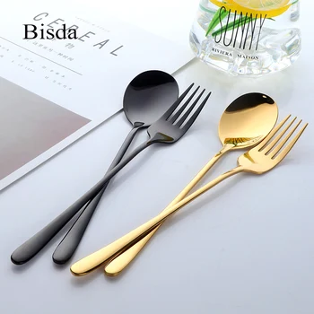 

2PC Korean Soup Spoon and Fork Set 18/10 Stainless Steel Gold Dinner Spoon Blue Dinnerware Spoon Set Long Handle Black Spoons