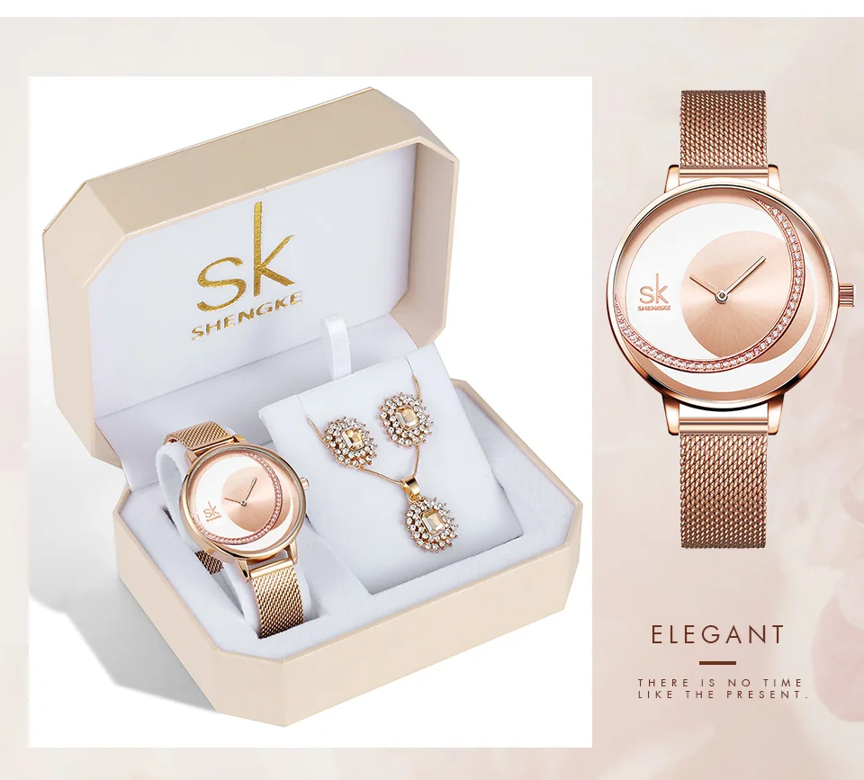 Shengke, роскошные женские часы, набор,, новая мода, нержавеющая сталь, часы для девушек, розовое золото, серьги, ожерелье, набор, подарки для женщин