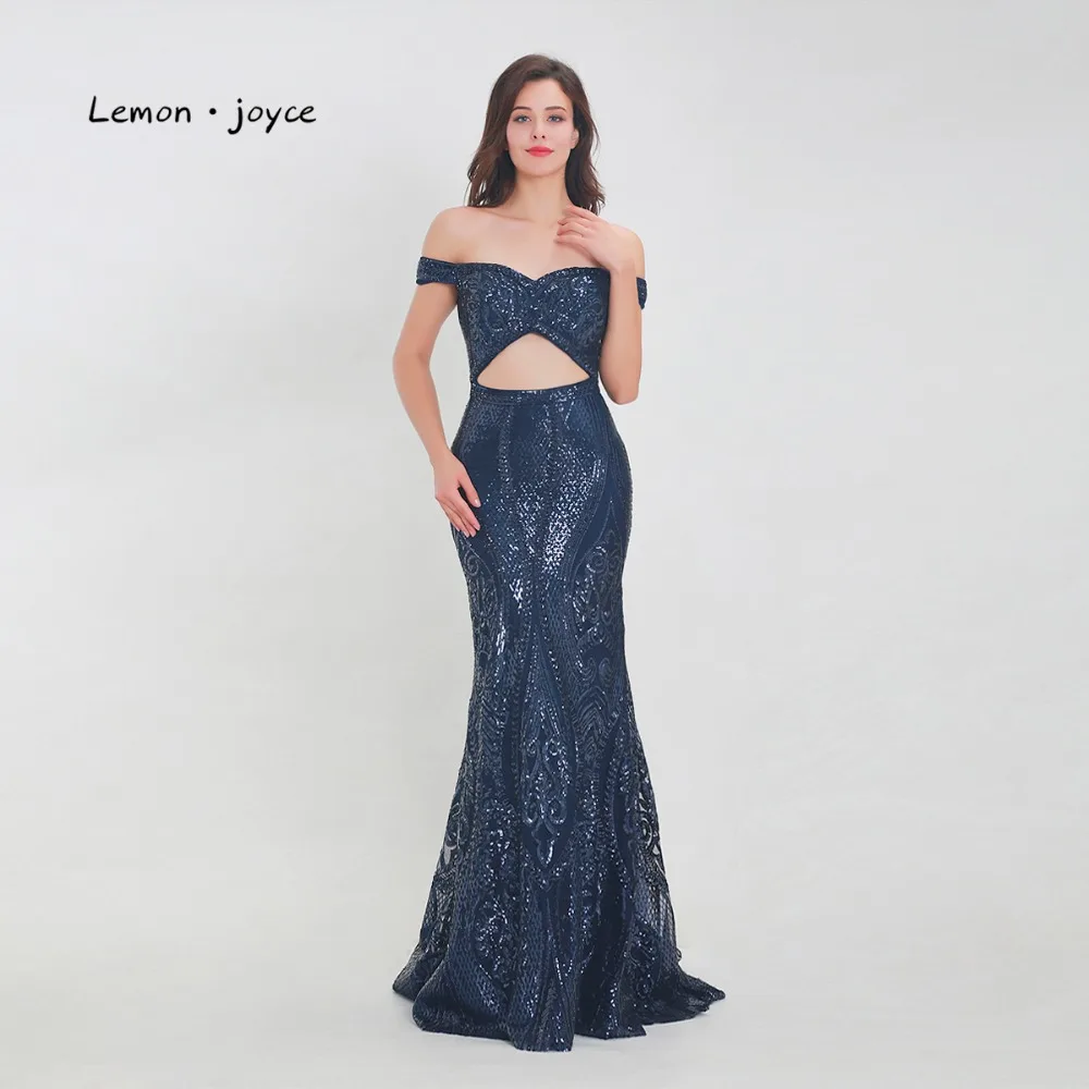 

Lemon joyce Navy Blue Evening Dresses 2019 Sexy Sweetheart Off the Shoulder Mermaid Sequined Prom Party Gowns Plus Size