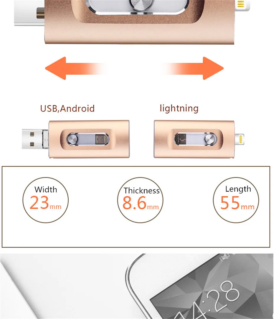 YXL iOS флэш накопитель 3 в 1 OTG USB 32G 64G 128G 256G Флешка металлическая 64GB для iPhone X/8/7/6 Plus