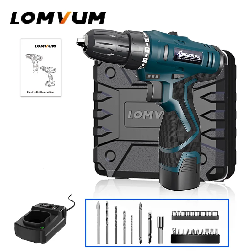 

LOMVUM 16V Double Speed Cordless Screwdriver 2 Battery Electric Mini Drill LED Light Power indicator Non-Slip Handle PC LZ