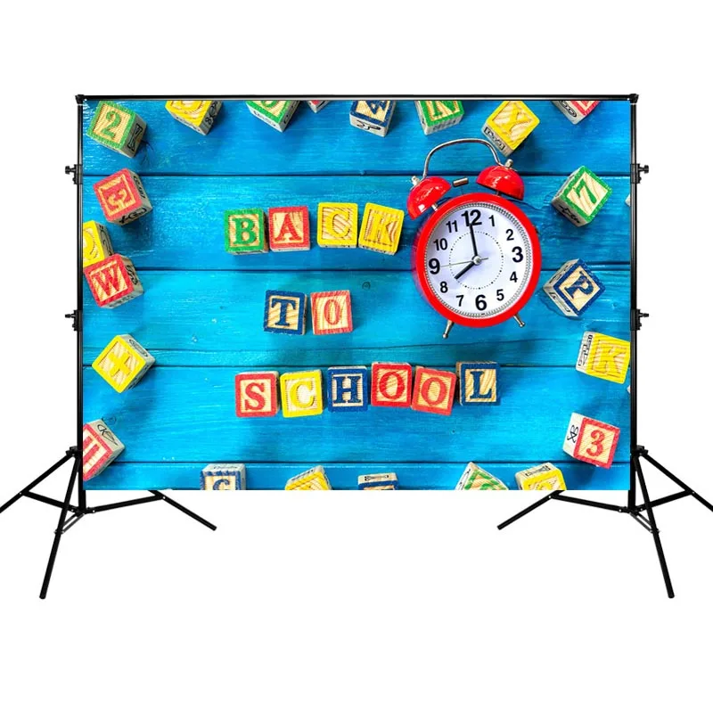 

Wood Floor Background Back to School Party Backdrops Red Clock and Blue Theme Background for Photographic Photo Shoot