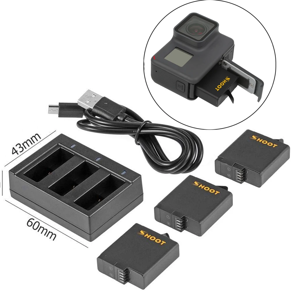 

Camera 3pcs Battery with Three USB Port Battery Charger for Go Pro Hero 7 6 5 Black
