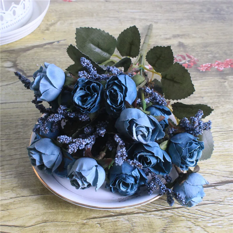 Роспись Маслом роза Искусственные цветы букет для дома свадебное украшение идеальное качество Шелковый Искусственный цветок вечерние Декор 15 голов - Цвет: Blue