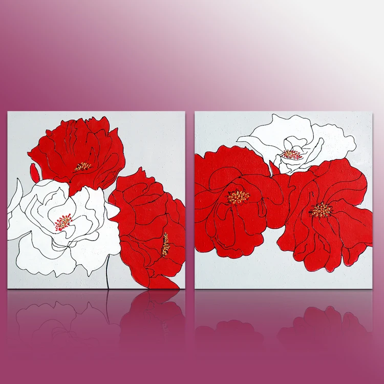 2 piece floral painting decorative art set modern wall art red flowers abstract hand painted