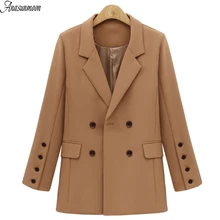 ANASUNMOON женский офисный элегантный глубокий v-образный вырез блейзеры пуговицы двубортный Блейзер европейская уличная мода Тонкий Блейзер Feminino