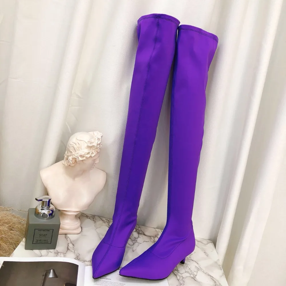 

2018 Sock Boots Stretch Fabric Over The Knee Boots Women Sexy Gladiator Stilettos Low Heels 3CM Ladies Boots Candy Color Shoes