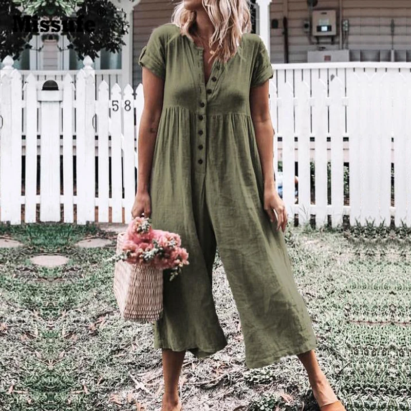 Missufe القطن و الكتان عارضة واسعة الساق بذلة الجبهة زر داخلية النساء 2019 الصيف بوهو Playsuit قصيرة الأكمام السروال القصير Missufe القطن و الكتان عارضة واسعة الساق بذلة الجبهة زر داخلية النساء 2019 الصيف بوهو Playsuit قصيرة الأكمام السروال القصير