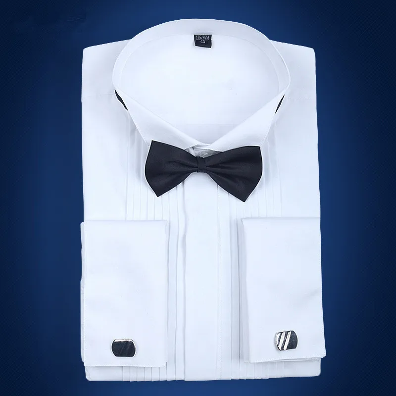 Men's French Cuff Tuxedo Shirts Solid Color Wing Tip Collar Shirt Men