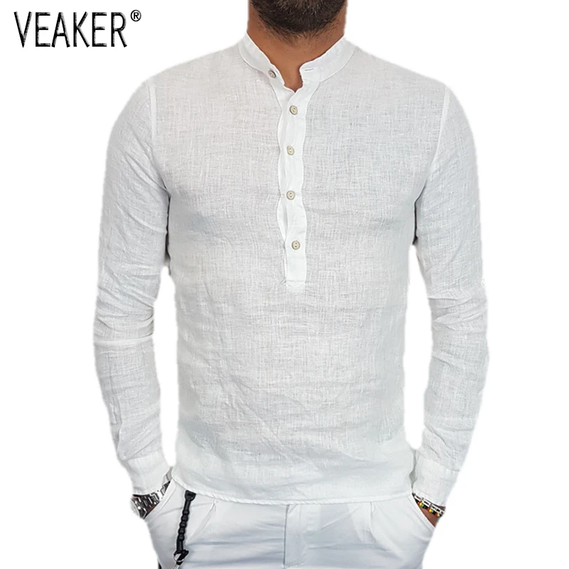 Achat 2018 Automne Nouveau Hommes de Lin Décontracté shirts À Manches Longues Hommes Respirant chemises En Coton Lin Solide Couleur Tops shirt Plus taille 4XL