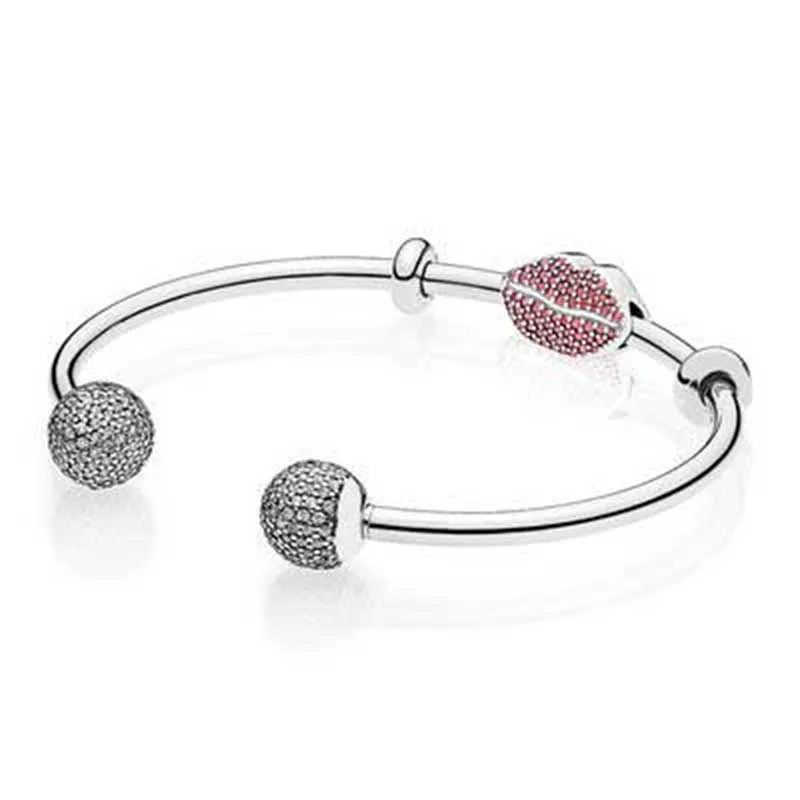 

EDELL 925 Sterling silver SPARKLING KISS OPEN BANGLE GIFT SET Clear CZ fit DIY Original charm Bracelets jewelry A set of prices