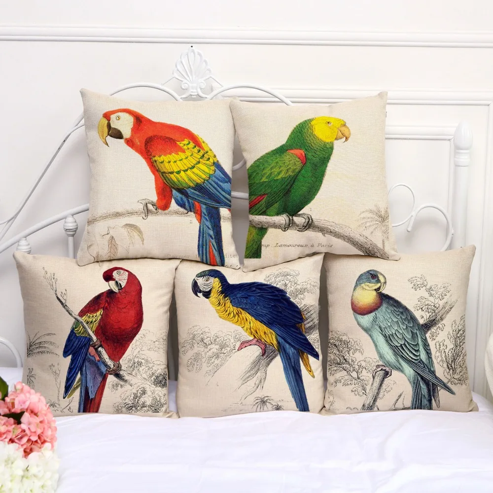 

1pc 45x45cm Real High Quality Linen parrot Bird Design Decorative Cushion Cover Throw Pillow Case Chair Seat Pillowcases