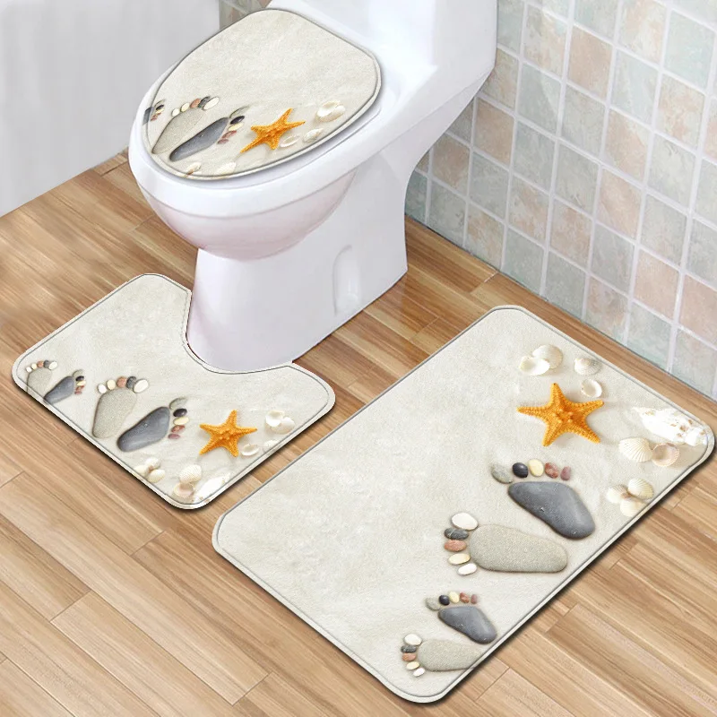 T New Starfish Shell 3 Piece Bathroom Set Rug Anti Slip Bath Rug Toilet Mats Carpet Set for Home Decor Printing Doormat - Цвет: P60